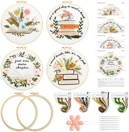 ElasignShopo 4 Set Embroidery Kit for Beginners Adults Book Lovers Embroidery Starter Kit Books Flowers Pattern Hand Crewel Cross Stitch Kits Includes Instruction 2 Hoops Color Threads Needles by Elasign