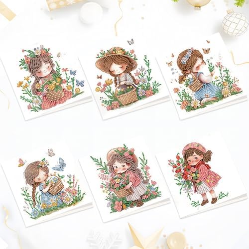 6pcs Diamond Art Painting Kit Greeting Card, Flower Picking Flower Garden 5D DIY Diamond Handmade Holiday Greeting Card with Envelope, Holiday Gift Congratulation by Tontut