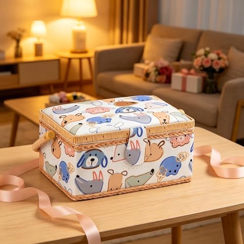 NOTIONSLAND Sewing Basket with Kits, Cute Sewing Box for Beginners, White, Animal Pattern - Image 4
