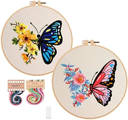 Konrisa Embroidery Starter Kits with Butterfly Flower Pattern, Stamped Cross Stitch Kits for Beginners Adults DIY Sewing Include Embroidery Hoop Embroidery Fabric Threads and Needles,Set of 2 by Konrisa