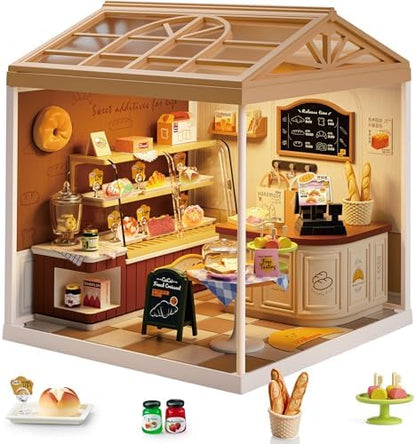 Bread Shop DIY Miniature House Kit with Roof & LED Light, Stackable & Connectable Dollhouse Kit with Dustproof Door, Creative DIY Crafts Building Toy Gift for Adults Teens by Unknown