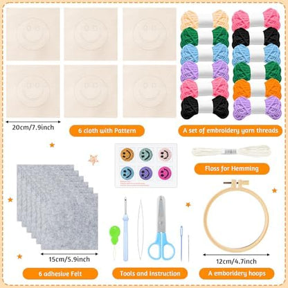 FoszaSzept Smile Punch Needle Coaster Kit, 22Pcs Embroidery Needle Coasters Crafts for Beginners, Easy DIY Mug Tufted Making Set with 6 Patterns Hoop Self Adhesive Felt Cloth Threading Device Gifts - Image 2