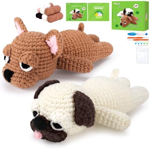 Crochet Kit for Beginners- Teacher Appreciation Gifts, 2 PCS Pug and French Bulldog Crochet Kits for Adults, Sleeping Dog Crochet Kit with Step-by-Step Video Tutorials Instructions DIY Knitting Kit by Auspiciousbeginning