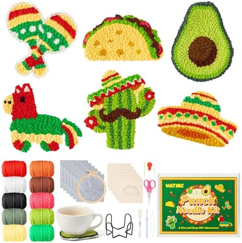 WATINC Christmas Punch Needle Coaster Kits - 23Pcs Easy Art Work Decor Craft Supply for Beginners, DIY Set of 6 Pattern Tufted Pads with Adhesive Felt Yarns Tools Coaster Holder Instruction (Green) by WATINC