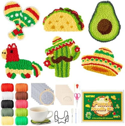 WATINC Christmas Punch Needle Coaster Kits - 23Pcs Easy Art Work Decor Craft Supply for Beginners, DIY Set of 6 Pattern Tufted Pads with Adhesive Felt Yarns Tools Coaster Holder Instruction (Green) by WATINC