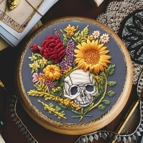FONNUY Floral Embroidery Kit for Beginners, Colorful Flowers Pre-Stamped Pattern Kits for Adults with Hoop, Thread Needlework, 8'' Hoop (Skull) - Image 4