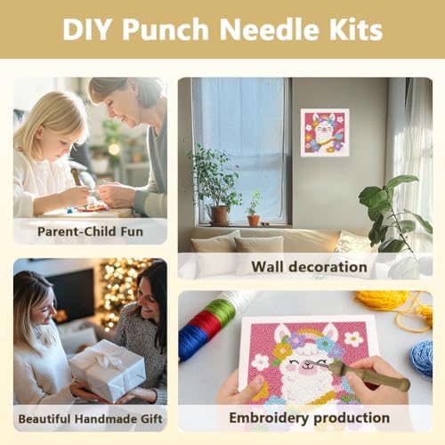 DOODLREAM Flower Alpaca Needle Kit for Beginner, 9.4"x 9.4" Cute Animal Punch Stitching Craft Set, DIY Embroidery Starter with Printed Frame, Instruction, Threader, Yarn, Pinch Needle - Image 4