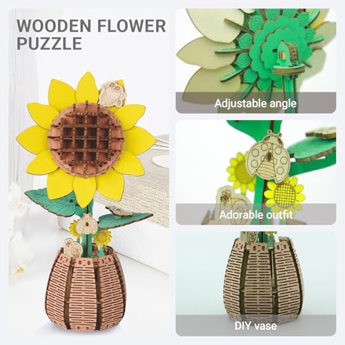3D Wooden Flower Puzzle Kit for Adults | DIY Botanical Bouquet Building Set with Adjustable Vase | Home Decor & Stress Relief Gift-Sunflower (83PCS) - Image 3