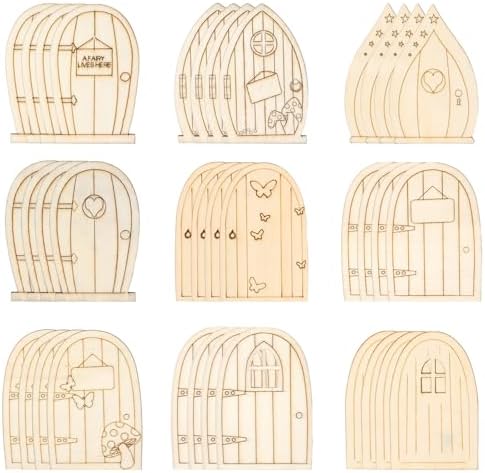 Honbay 36PCS Unfinished Blank Wooden Fairy Garden Door Mini Fairy House Door Wooden Miniature Door Wood Pieces Wood Slices Wood Chips Embellishments for DIY Crafts Home Party Decoration - 9 Styles by Unknown
