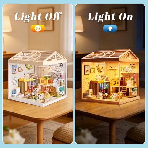 DIY Pet Cat Miniature House Kit, 78-Piece Mini Dollhouse with Furniture & LED Light with Roof & Dust Covers Tiny House Toy for Adults - Image 3