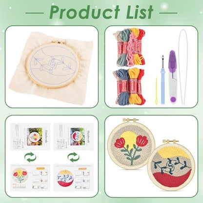 ERKOON Punch Needle Kit Adults Beginners, 2 Pcs DIY Easy Floral Embroidery Set for Starter Art Craft, Needling Punching Project with Patterns, Tools, Yarns, Hoop, Instruction (Rose) - Image 2