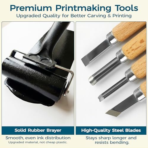47 Pcs Linocut Kit for Printmaking, Block Printing Kit with 2 Washable Inks (Black & Blue), 4 Rubber & 4 PVC Blocks, Premium Rubber Brayer, Linocut Carving Tools - Stamp Making Kit for Beginners - Image 4