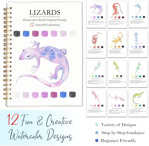 Easy Watercolor Workbook for Beginners - 12 Beautiful Step-by-Step Paintings Water Coloring Book, Includes 16 Colors Paints, Relaxing Art Projects and Creative Gift for Adults & Teen (Lizards) - Image 7