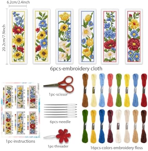 BEUNITONE 6 Pcs Flowers Cross Stitch Bookmark Kit for Adults Beginners Vivid Floral DIY Stamped Embroidery Bookmark Punch Needle Kit with Instructions for Book Lovers Reader Writer Gift 8''x2.4'' - Image 2