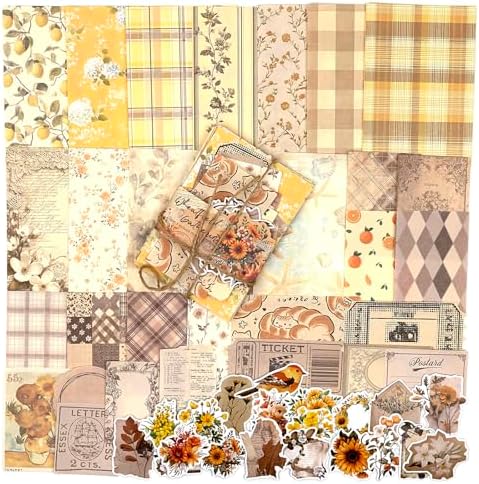 OKUPAN Scrapbook Supplies Kit – 100PCS Vintage Cottagecore Floral Scrapbook Paper & Stickers, 4 Sizes Pastoral Scrapbooking Supplies for Journaling, Card Making & DIY Gifts (Yellow) by DecorateYourWorld