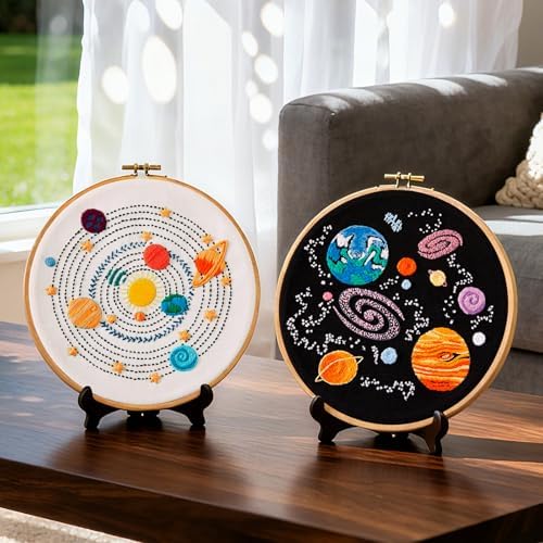 Armindou Embroidery Kit for Adults Beginners, Hand Embroidery Starter Kit with Solar System Patterns, Counted Stamped Cross Stitch Needlepoint Kit for Beginner Adult, 2 Set Embroidery Supplies/Hoop - Image 2