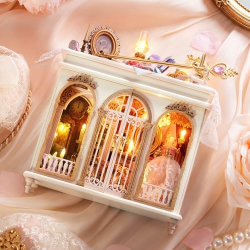 CUTEROOM DIY Miniature Dollhouse Kit Vintage European Wardrobe, 3D Wooden Diorama Cabinet with LED Light, Handcrafted Princess Palace Theme Desktop Ornament Collectible Gift for Adults - Image 4