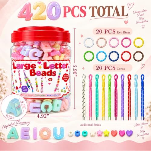 Kasmena 420Pcs Chunky Large Letter Beads DIY Keychain & Bracelet Making Kit - Image 2
