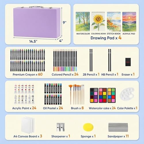 194 Piece Deluxe Art Set, Painting Drawing Art Supplies with 4 Drawing Pads, Acrylic Paints, Crayons, Colored Pencils Set in Wooden Case, Art Kit Gift Box for Kids, Teens, Adults, Artists, Beginners - Image 2