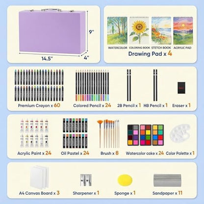 194 Piece Deluxe Art Set, Painting Drawing Art Supplies with 4 Drawing Pads, Acrylic Paints, Crayons, Colored Pencils Set in Wooden Case, Art Kit Gift Box for Kids, Teens, Adults, Artists, Beginners - Image 2