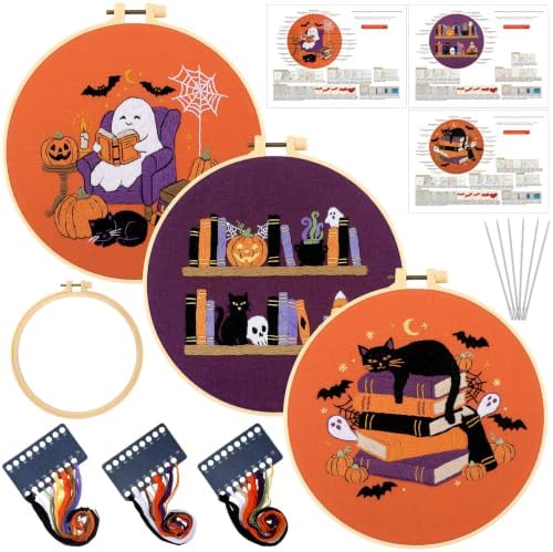 Mindsoft 3 Set Needlepoint Kit for Beginners with Hoop,Halloween Booklover by Mindsoft