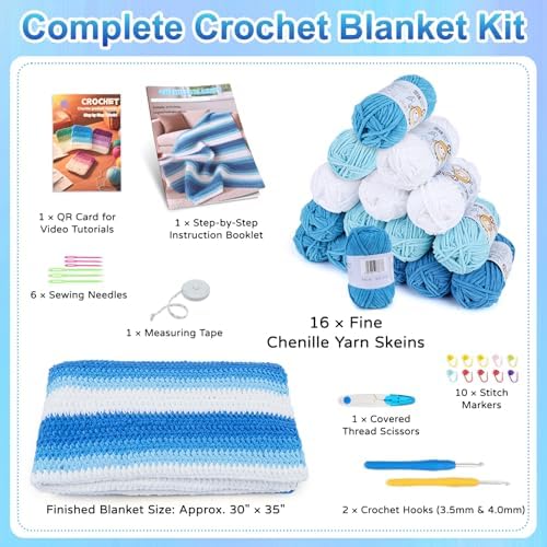 Reessy Crochet Blanket Kit for Adult Beginners, Blue Ombre Chenille Yarn - Image 3