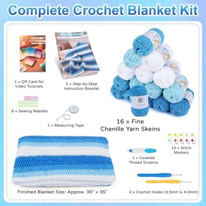 Reessy Crochet Blanket Kit for Adult Beginners, Blue Ombre Chenille Yarn - Image 3