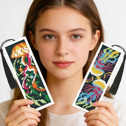 INFUNLY 6PCS Jellyfish Cross Stitch Bookmark Kit for Adults 3''×8.5'' Flowers Stamped Embroidery Bookmark Kits with Fantasy Jellyfish Needlepoint Bookmark Kit with Instruction for Book Lovers Readers - Image 7