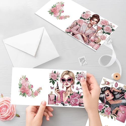 antor 6 Pack 5D Diamond Painting Greeting Cards, Elegant Woman with Floral Design DIY Diamond Art Cards with Envelopes, Handmade Rhinestone Birthday Wedding Thank You Cards for Adults - Image 6