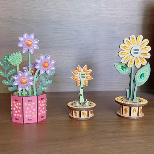 3D Wooden Flower DIY Kit with Sparkling Diamonds Layered Wood Crafts for Adults and Teens Home Decor Creative Building Project Unique Ornament Gift - Image 2