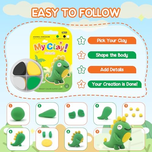 Air Dry Clay for Kids Air Clay Art Kits 12 Box Animals Theme Air Dry Modeling Clay Kit w/Sculpting Tools& Step-by-Step Tutorials,Ultra Soft Non-Sticky,Craft Party Favors Clay Toy Gift for Boys Girls - Image 5