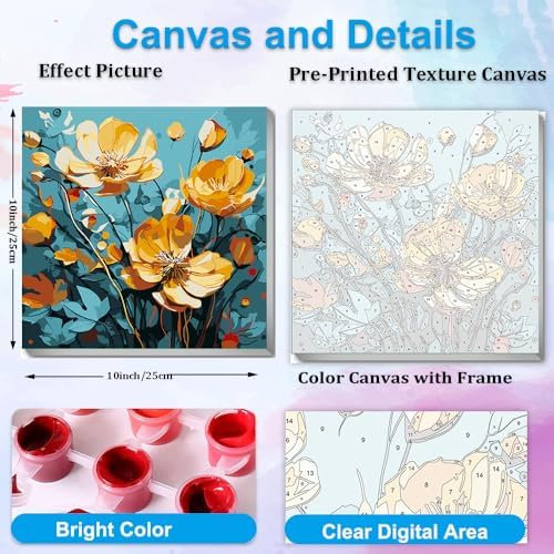 Artunion Framed Paint by Numbers Kit for Adults Beginners & Kids Ages 8-12,Yellow Flower Paint by Number with Frame,Floral Abstract Paint by Numbers Kit on Canvas 10 * 10 Inch Without Easel - Image 3