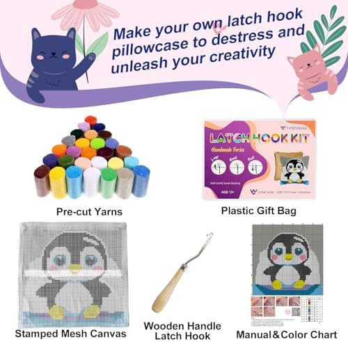 Cute Penguin Latch Hook Pillow Kits for Adults Beginners, 17" X 17" - Image 3