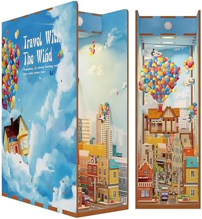 Tonecheer DIY Book Nook Kit for Adults,3D Wooden Puzzle Bookend Bookshelf Insert Library Decor, Booknook Miniature House Kit with Body Motion Sensor LED Light (Travel with The Wind) by Tonecheer
