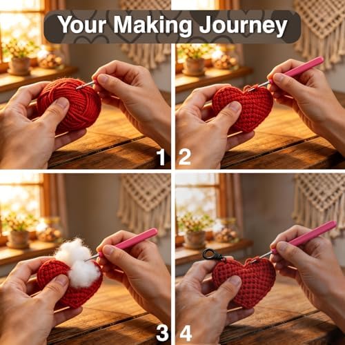 FACE N FACE DIY Crochet Heart Keychain Kit for Beginners – 6 Pack Valentine's Day Red Yarn Heart Keychains with Hook, Yarn & Instructions – Easy Beginner Knitting Craft Gift Set for Adults - Image 4