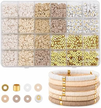 Believo 24-Grid DIY Clay Beads Bracelet Kit - 4 Soft Beige Colors Polymer Clay Beads + Golden Spacer Beads & Alphabet Beads + 5m Elastic Cord for Jewelry Making, Friendship Bracelets & Gift Crafts by Unknown