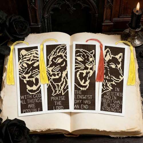 INFUNLY 6 Pack Fierce Animal Cross Stitch Bookmark Kit, Lion Tiger Pre-Printed Pattern, Stamped Embroidery Bookmarks for Adults Beginners, DIY Gift for Book Readers - Image 2