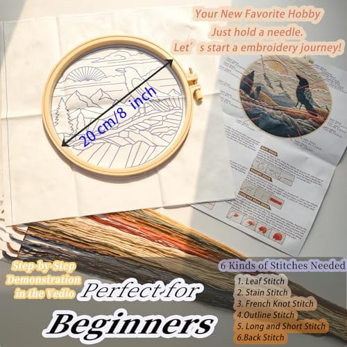 FONNUY Embroidery Kit, Featuring Crow and Landscape Patterns, Cross Stitch Kits for Both Adults and Beginners, Handmade Crafts Printed Pattern Set, Color Thread Needlework, 8'' Hoop (Fearless Bird) - Image 5