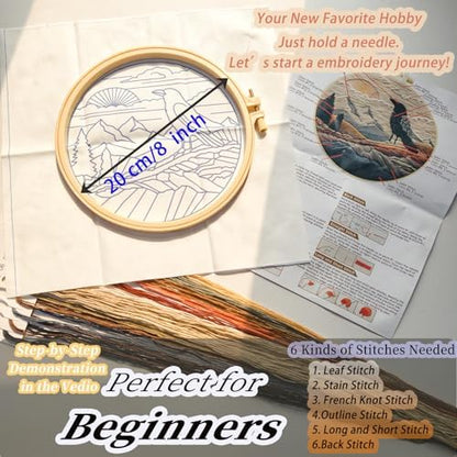 FONNUY Embroidery Kit, Featuring Crow and Landscape Patterns, Cross Stitch Kits for Both Adults and Beginners, Handmade Crafts Printed Pattern Set, Color Thread Needlework, 8'' Hoop (Fearless Bird) - Image 5