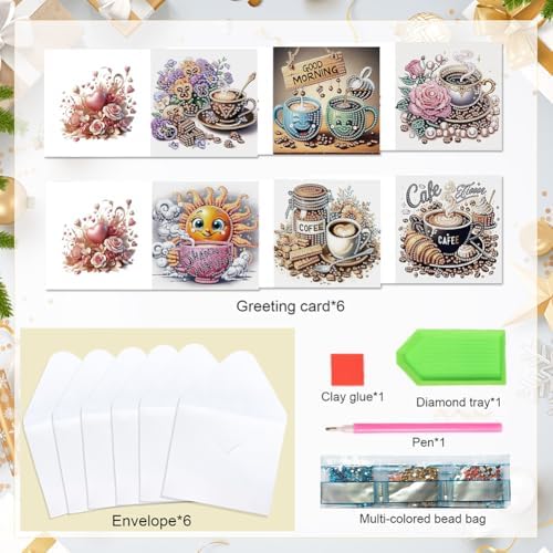 6 Pcs 5D DIY Diamond Painting Greeting Card Kit Coffee Afternoon Tea, Diamond Art Christmas Birthday Holiday Greeting Card, Art Crafts Kit Creative with Envelope - Image 6