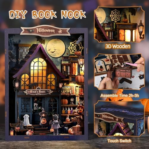 Halloween Book Nook Kit with LED, DIY Miniature House Dollhouse Kit for Adults and Teens, 3D Wooden Puzzle Booknook Tiny House Bookshelf Halloween Decorations, Gift for Family, Friends - Image 4