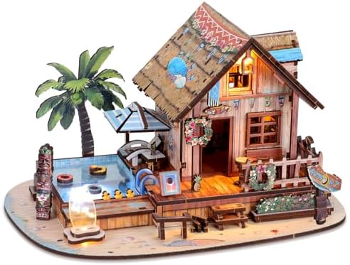 3D Wooden Puzzles for Adult,187pcs Hawaiian Vacation Beach House Kit,DIY Wooden Model Kits with LED Light for Adults-Toy Gifts for Ages 14 and up by BringKidsJoyHappiness