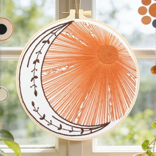 Crafmanoe Hand Embroidery Kits for Beginners Adults, Sun Moon Embroidery Starter Kits, Stamped Cross Stitch Kits DIY Needlepoint Kit for Beginners Adults, Embroidery Hoop, Thread and Video Tutorial - Image 3
