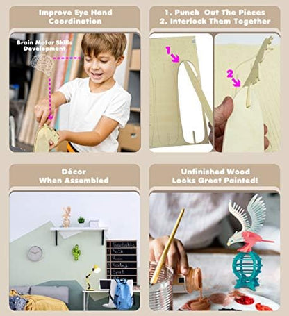 Puzzled 3D Puzzle Eagle Wood Craft Construction Model Kit, Fun, Unique & Educational DIY Wooden Toy Assemble Model Unfinished Crafting Hobby Puzzle to Build & Paint for Decoration 61 Pieces Pack - Image 3