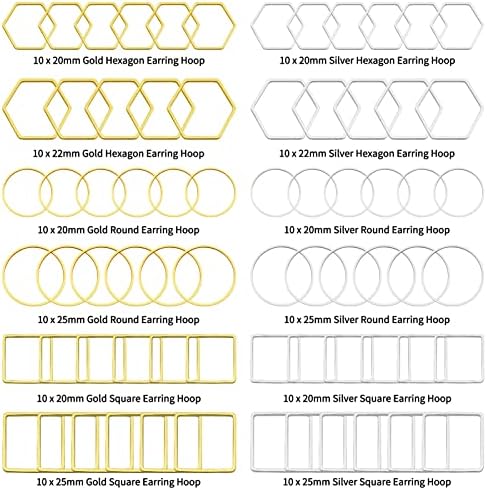 Oubaka 120pcs Beading Hoop Earrings,3 Shapes Earrings Findings Hoops Open Bezel Pendant Frame Hypoallergenic Square Hexagon Round Earring Findings for DIY Craft,Earring Necklace(Gold&Silver) - Image 2