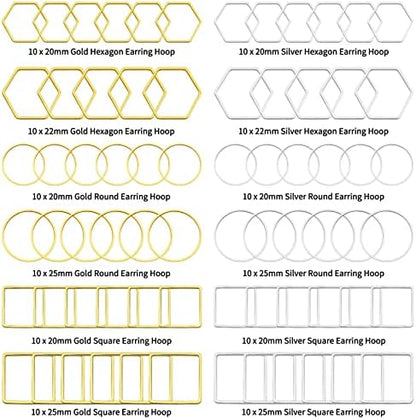 Oubaka 120pcs Beading Hoop Earrings,3 Shapes Earrings Findings Hoops Open Bezel Pendant Frame Hypoallergenic Square Hexagon Round Earring Findings for DIY Craft,Earring Necklace(Gold&Silver) - Image 2