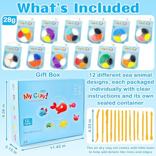 LanMa Air Dry Clay Kit for Kids, 12 Pack Sea Animal Air-Dry Art Kits with Ultra Light & Soft Modeling Clay, Instructions, Sculpting Tools, Christmas Birthday Gifts for Boys Girls - Image 2