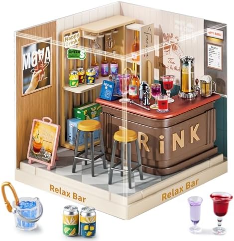 Relax Bar Miniature House Kit, Plastic DIY Dollhouse with Bar Counter & High Chairs, Stackable Transparent Dust Cover, Creative Desktop Decor for Adults Teens by BeepZipp