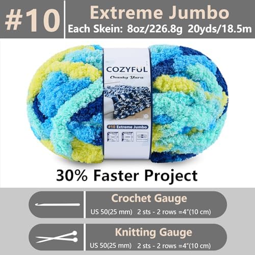 Cozyful Chunky Yarn for Hand Knitting - #10 Chunky Chenille Blanket Yarn, Jumbo Big Thick Chunky Yarns for Crocheting, Tie Dye Bulky Knit Yarns, 8 Skein (20 yds 8 oz Each Skein), Multi Blue & Yellow - Image 2