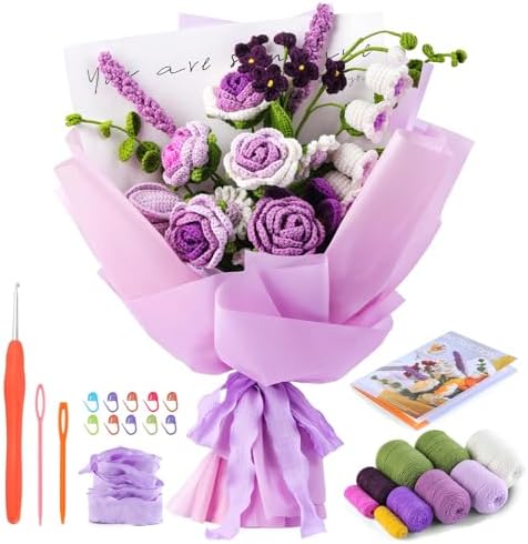Iuuidu Crochet Kit for Beginners, Flower Bouquet Crochet Kit Rose Purple by Iuuidu